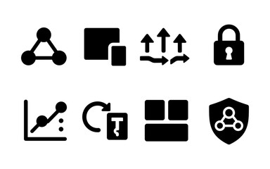 Collection of eight black vector icons representing business and technology concepts