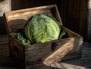 A cabbage in the wooden box.