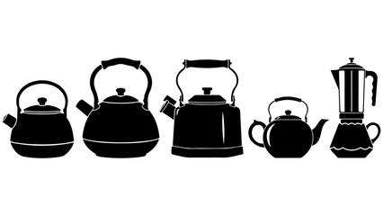 A collection of five black silhouette kitchenware items, including teapots and a coffee maker, arranged horizontally against a white background.