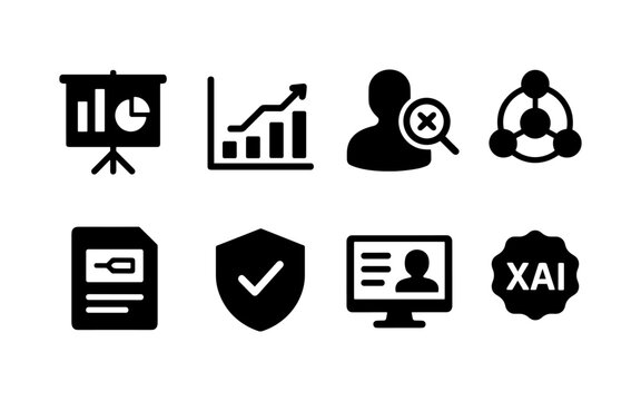 Collection of business and technology icons representing data, security, and analysis