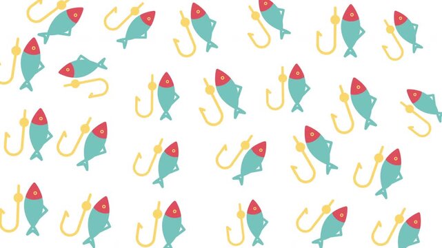 Colorful koi fish swimming with fishing hooks in seamless pattern design, digital illustration, bright background, top view, aquatic concept