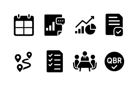Business icons representing planning, data analysis, and team collaboration