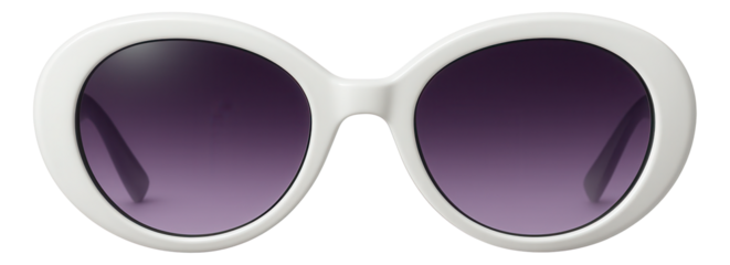 Oval sunglasses with white frames and purple gradient lenses.