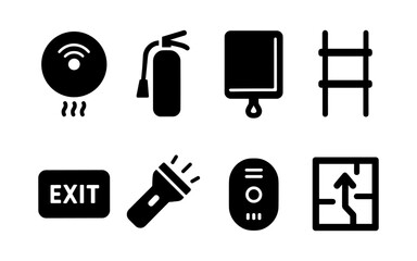 Set of safety and emergency icons including fire extinguisher, exit sign, and map