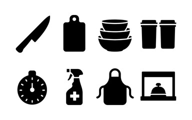 Collection of kitchen and service icons including a knife, cutting board, bowls, cups, timer, spray bottle, apron, and bell