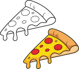 Pizza slice with dripping cheese. Pizza slice outline and filled. Pizzeria symbol. Fast food sign.