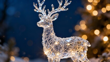 Glowing Crystal Reindeer Figurine With Golden Bokeh Lights On Dark Blue Background