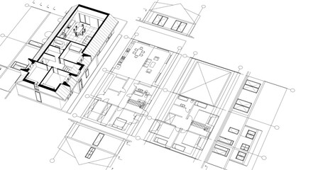  modern house plan sketch 3d illustration
