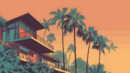 Obraz premium Modern Luxury Villa with Palm Trees at Sunset.