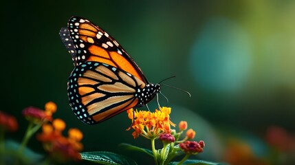 Fototapeta premium Monarch Butterfly on Orange Lantana Flower in Soft Focus Garden.