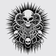 Central Skull with Tentacles and Spikes Tattoo Art.