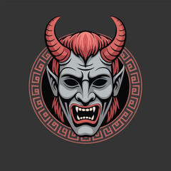 Demon mask head illustration with red horns.