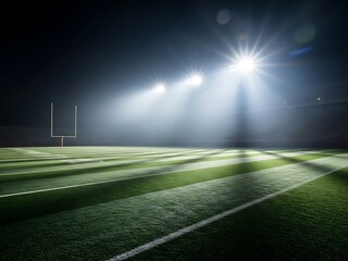 Naklejka premium American football field at night under bright stadium lights