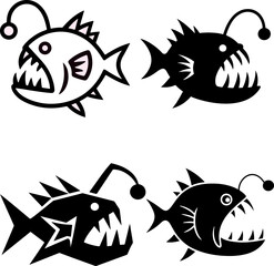 Minimalist angler fish icon set, deep sea fish silhouettes and outline vector collection isolated on white background