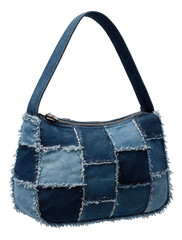 Frayed-edge patchwork denim bag with a secure top zip closure.