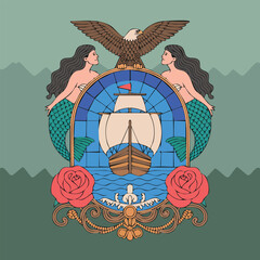 Ship in stained glass window emblem.