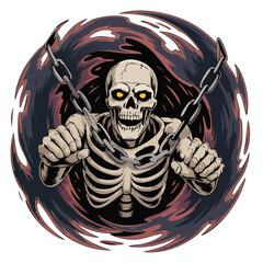 Skeleton Gripping Chains In Circular Dark Aura.