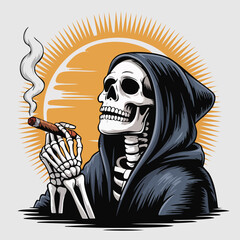 Skeleton in Hood Smoking Cigar Illustration.