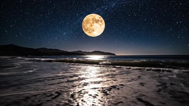 Beautiful night seascape with full moon and starry sky over sandy beach