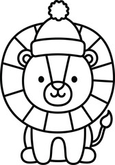 Adorable cartoon lion wearing a winter hat on transparent background