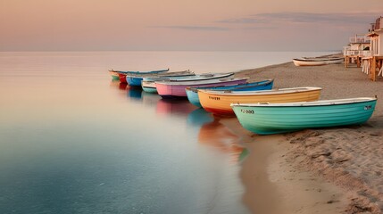 Fototapeta premium Rowboats Lined Up On A Sandy Beach At Sunset.