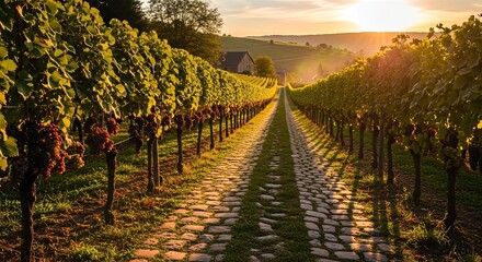 Naklejka premium Golden Hour Glow Over Lush Vineyard Rows with Cobblestone Path.