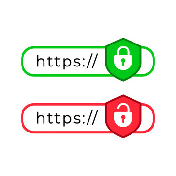 Browser address bars that display secure and insecure web addresses isolated on white background. Vector stock