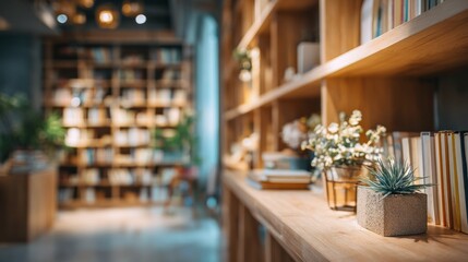 Cozy Bookstore Shelves filled with knowledge with plants, and and a warm ambiance.