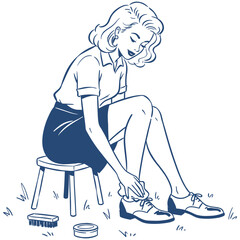 Retro Woman Polishing Shoes.Vintage Shoeshine Lady.Classic Shoe Care Routine.Line Art Cleaning Footwear.Pinup Girl Shoe Polish