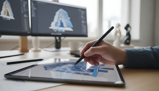 Architectural Design Project On Digital Tablet And Computer Screens With 3D Building Models