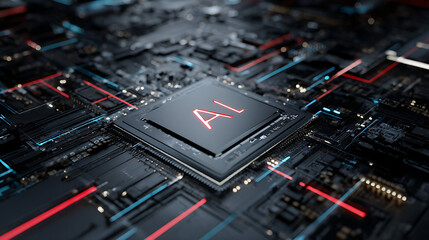 Central artificial intelligence processor with glowing red lettering on a dark circuit board microchip