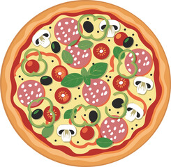 pizza isolated in White Background, pizza vector, Flat lay vector illustration. vector illustration of pizza with vegetables.Cartoon pizza isolated on a white background. vector illustration of pizza.