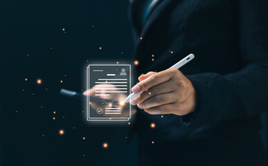 A professional signs a digital contract with a stylus, representing electronic documents, e-signature, legal approval, business agreements, and paperless workflow systems.