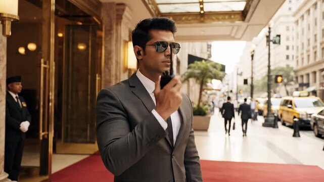 Confident security professional in suit and sunglasses with walkie-talkie outside luxury urban building entrance