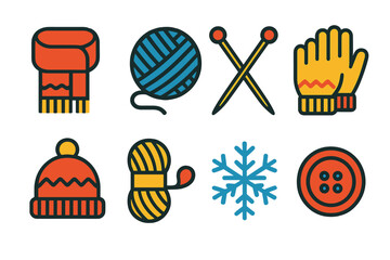 Cozy Knitting Icons. Knitted Warmth modern flat vector icons: scarf wrapped, yarn, needles, gloves, hat, wool thread, snowflake, button