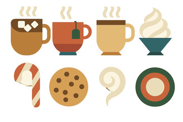 Winter Beverage Icons. Winter Drink Delight in geometric flat style: hot chocolate, tea cup, coffee mug, whipped cream, candy cane, cookie, steam swirl, coaster