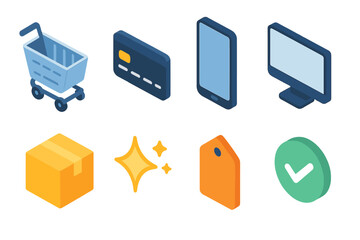 Fototapeta premium E-commerce Icon Set. Online Purchase Flow flat icons: cart, credit card, phone, screen, delivery box, sparkle, tag, confirmation check
