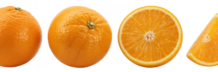 Four oranges including sliced wedges orange slices fruit isolated on a transparent background