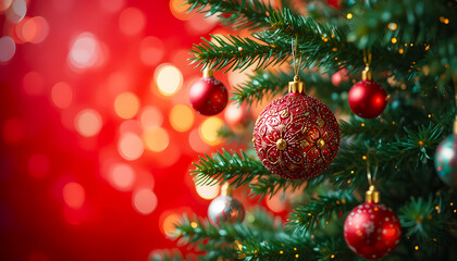 Christmas toys hanging on a fir tree branch
