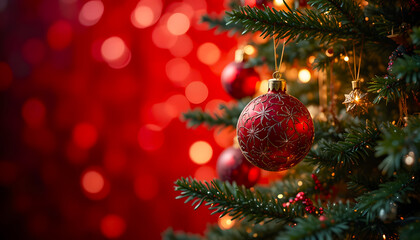 Christmas toys hanging on a fir tree branch