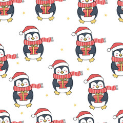 Seamless pattern with cute penguins in a hat and scarf with a gift.