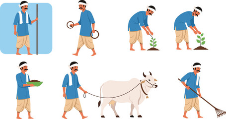 Traditional farmer daily activities, rural agriculture lifestyle illustration, planting crops, harvesting, cattle farming, village life concept, flat vector design, sustainable farming culture