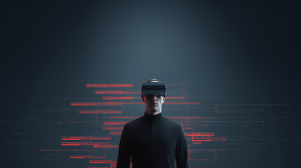 Man in Dark Futuristic Scene with Digital Data Lines and Technology Interface Concept