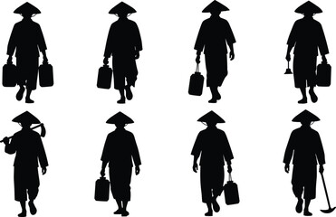 Traditional rural worker silhouettes walking sequence, conical hat figures carrying tools and bags, isolated black people icons set on white background, vector illustration design
