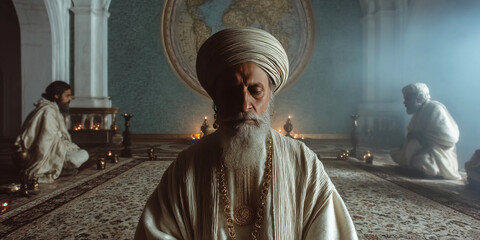 Zarathustra in meditation surrounded by followers in ancient setting