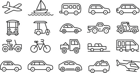 Vehicle and transportation line icon set, car, bus, plane, boat, bicycle, travel symbols, vector illustration for traffic design. © Mahmud's World