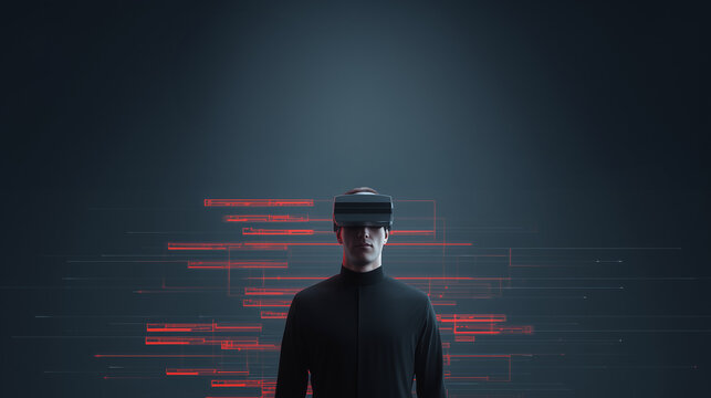 Man in Dark Futuristic Scene with Digital Data Lines and Technology Interface Concept - Powered by Adobe