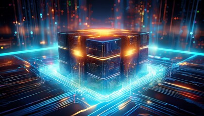 ai neural data hub with a massive glowing data block and futuristic glowing lines representing data processing and high tech digital systems