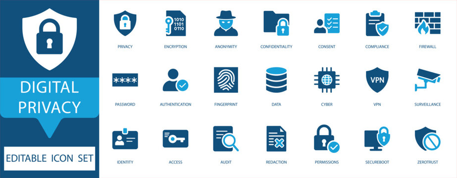 Digital Privacy Icon Set. Confidentiality, data encryption, anonymity, identity, and compliance concepts. Essential for GDPR, online security, and user data management project