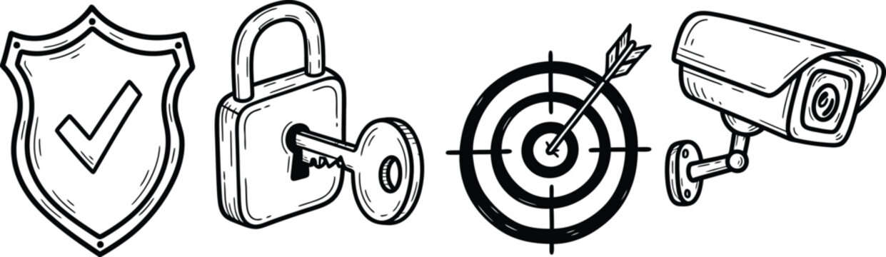 A set of four hand-drawn doodle icons on a single image a wobbly shield with checkmark, a crooked lock with key, a rough target with arrow, and an imperfect security camera